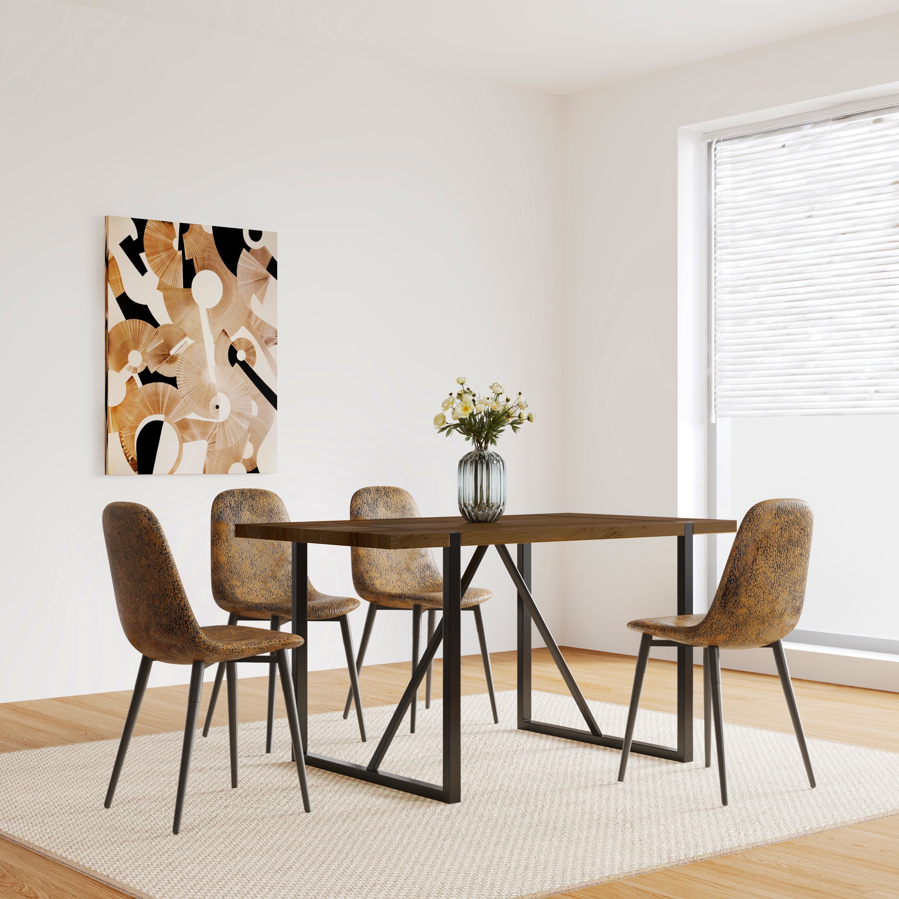 Walnut Black 5 Piece Dining Table Set with 4 Chairs Metal Base Legs
